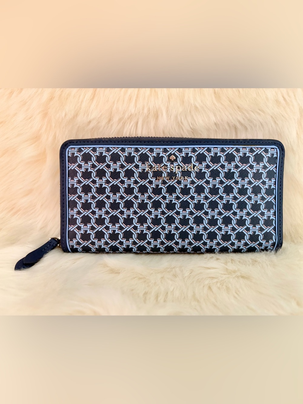 kate spade navy & white geometric zip-around wallet